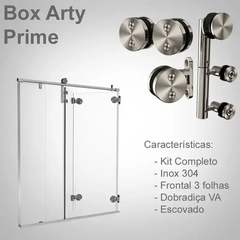 Box de vidro blindex para banheiro com ferragens de inox modelo Box Arty Prime frontal 3 folhas escovado